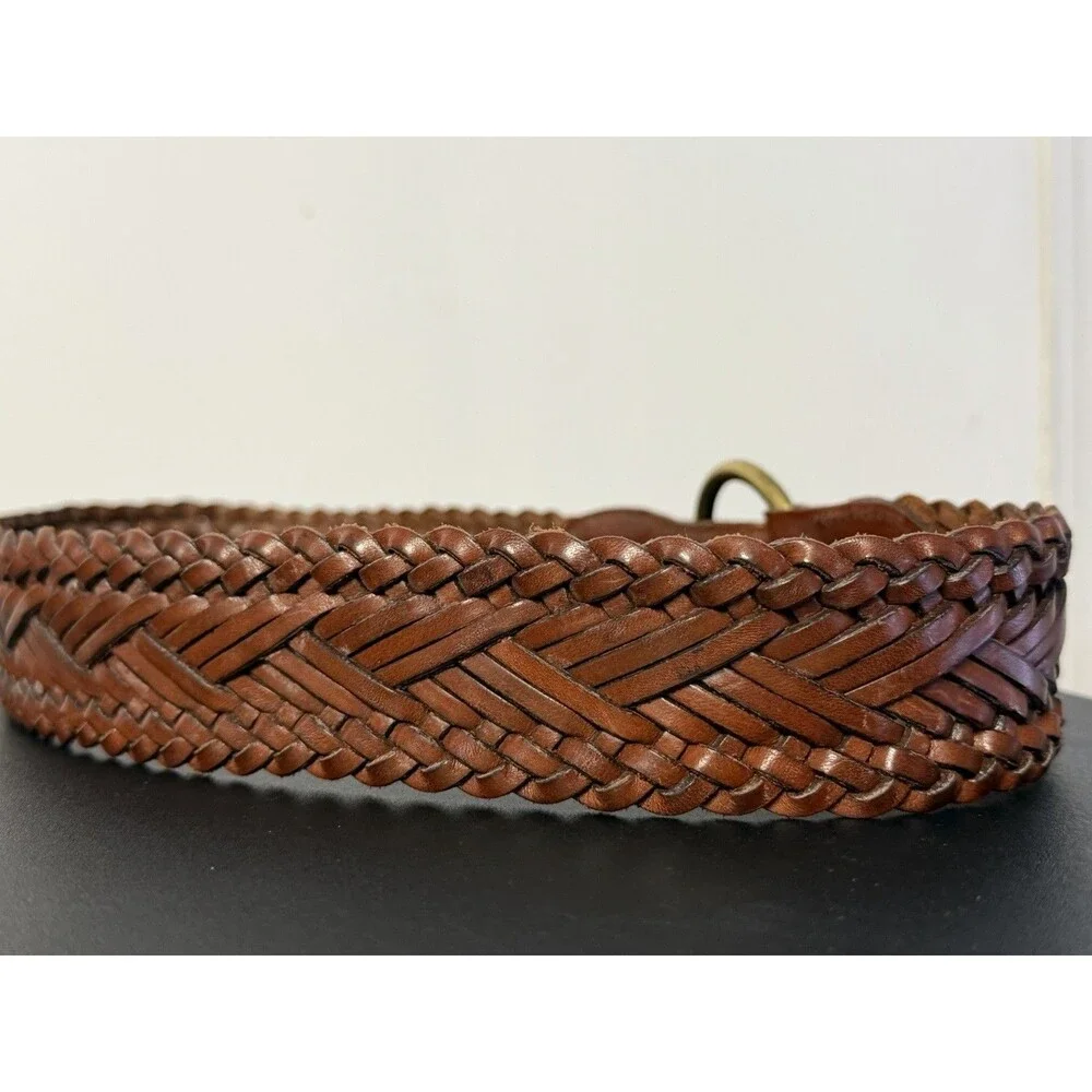 Fossil Brown Braided Leather Belt Brass Ring Buckle Size L Genuine Leather